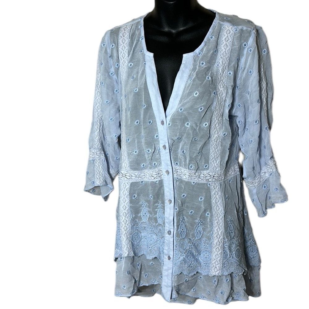 Kyla Seo sheer embroidered coquette bohemian fairycore top medium blue